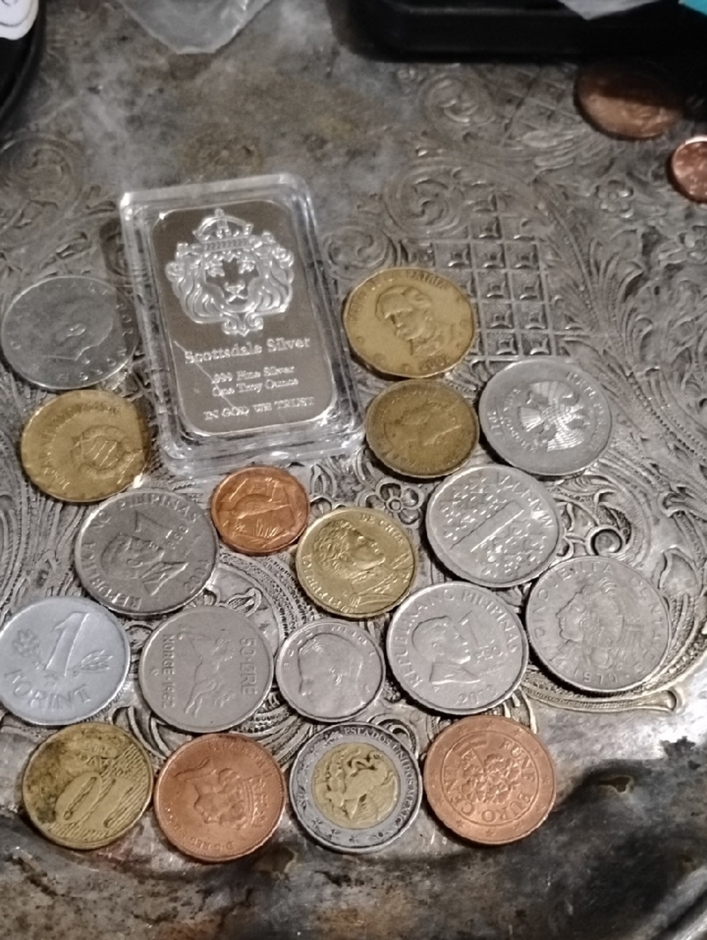Mixed World Coins and Silver Metal Bar Collection - Multi-Color